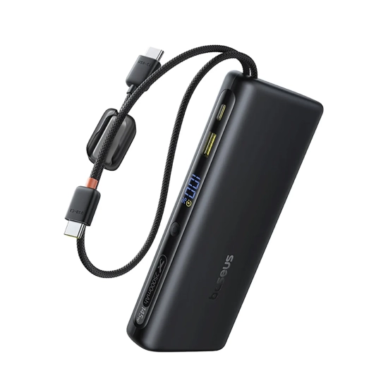 Powerbank 25000mAh 145W z wyświetlaczem wbudowanymi kablami USB-C - czarny