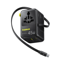 Czarny adapter podróżny Baseus PicoGo AG11 E0307F00 z gniazdami AC, portami USB i wysuwanym kablem USB-C.
