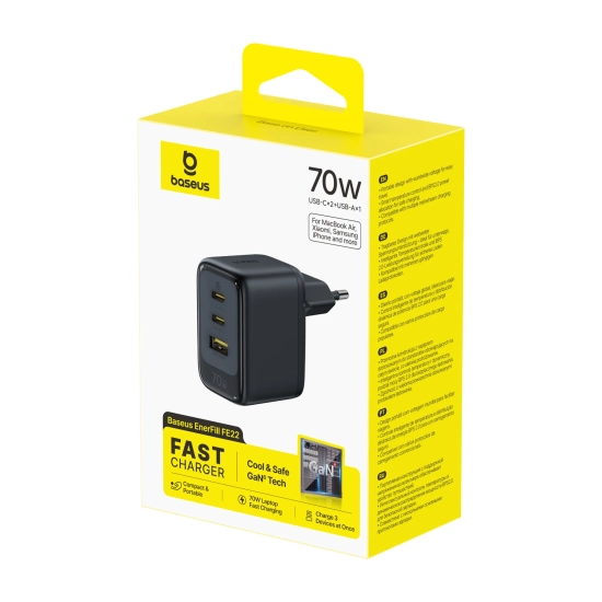 Baseus Ładowarka sieciowa EnerFill FE22 70 W 2x USB-C USB-A czarna