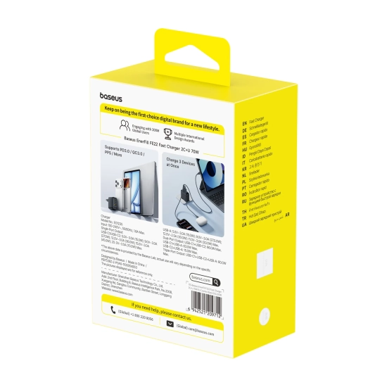 Baseus Ładowarka sieciowa EnerFill FE22 70 W 2x USB-C USB-A czarna