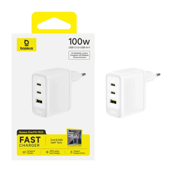 Baseus Ładowarka sieciowa EnerFill FE22 100 W 2x USB-C USB-A biała