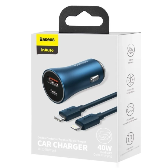 Baseus ładowarka samochodowa 40 W USB-C USB-A niebieska