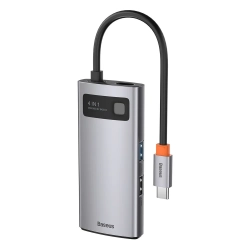 Szary aluminiowy hub Baseus Metal Gleam 4w1 z HDMI, USB-A i USB-C PD.