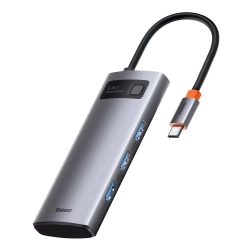 Szary hub USB-C Baseus 5w1 z portem HDMI, trzema USB-A oraz złączem USB-C Power Delivery.