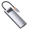 Szary aluminiowy hub USB-C Baseus Metal Gleam 6w1 z HDMI, trzema USB, RJ45 i Power Delivery.