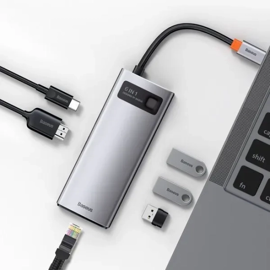 Hub USB-C Baseus Metal Gleam 6w1 HDMI PD RJ45 szary