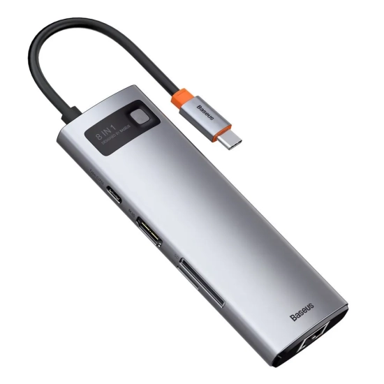 Hub USB-C Baseus Metal Gleam 8w1 HDMI PD RJ45 SD/TF szary