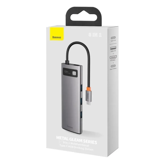 Hub USB-C Baseus Metal Gleam 8w1 HDMI PD RJ45 SD/TF szary