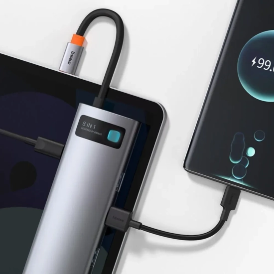 Hub USB-C Baseus Metal Gleam 8w1 HDMI PD RJ45 SD/TF szary
