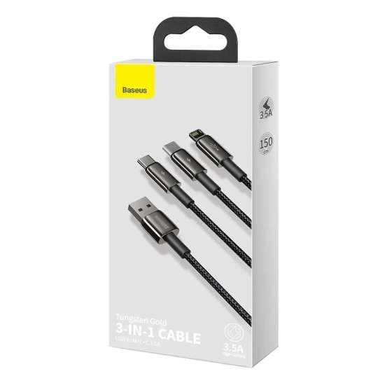 Kabel Baseus Tungsten 3w1 USB-A 3,5A 1,5 m czarny