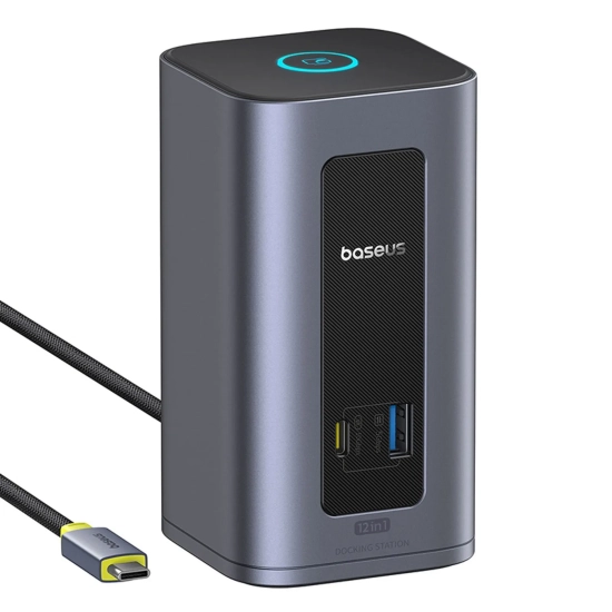 Szara pionowa stacja dokująca Baseus Nomos NU1 Air Spacemate 12w1 USB-C.