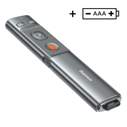 Szary prezenter Baseus Orange Dot z przyciskami sterowania i dwuzłączowym odbiornikiem USB-A/USB-C.