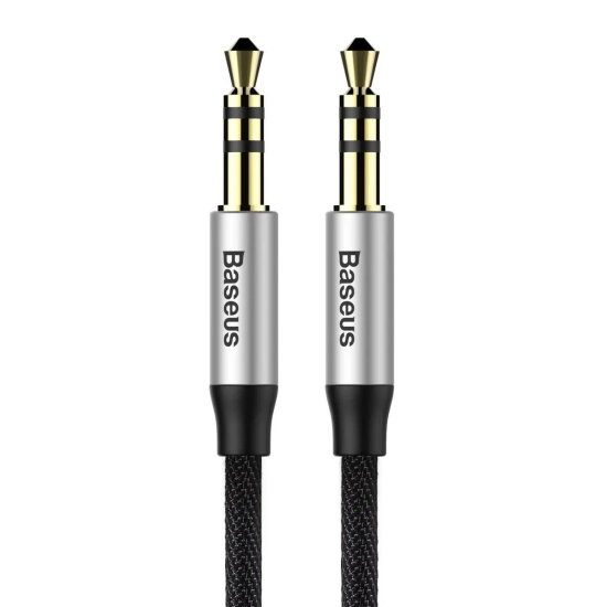 Czarno-srebrny kabel audio Baseus Yiven M30 CAM30-BS1 o długości 1 m z dwoma męskimi wtykami Jack 3,5 mm.