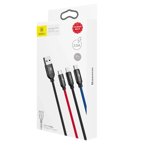 Kabel Baseus 3w1 USB-A – USB-C/Lightning/Micro-USB 0,3 m
