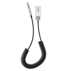 Czarny odbiornik audio Bluetooth Baseus BA01 z przewodem AUX 3,5 mm i modułem sterującym.