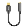Czarny adapter audio Baseus L54 CATL54-01 z wtykiem USB-C, krótkim przewodem i gniazdem Jack 3,5 mm.