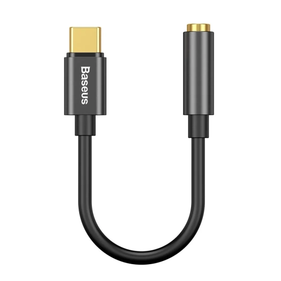 Czarny adapter audio Baseus L54 CATL54-01 z wtykiem USB-C, krótkim przewodem i gniazdem Jack 3,5 mm.