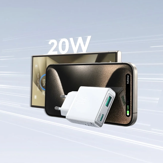 JOYROOM Mała i supercienka ładowarka sieciowa 20W USB-A USB-C - biała