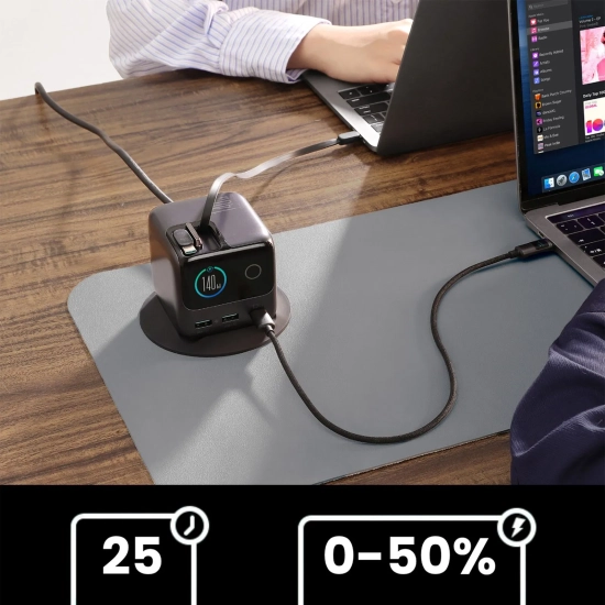 JOYROOM Ładowarka biurkowa 5 portów 2 zwijane kable GaN 140W - szara