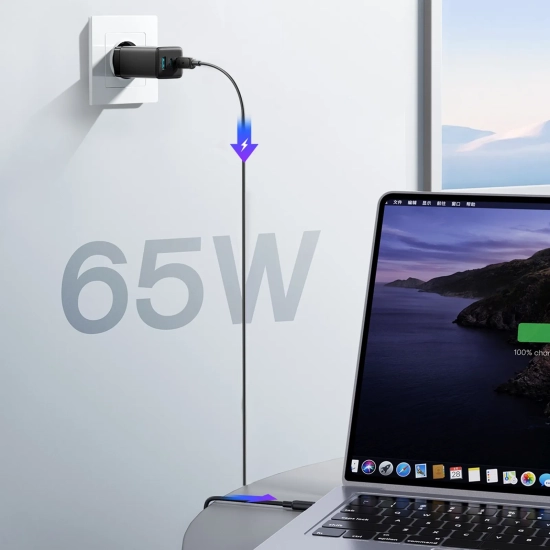 JOYROOM Ładowarka sieciowa USB-A USB-C GaN 65W z kablem USB-C 100W 1.2m