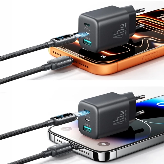 JOYROOM Ładowarka sieciowa USB-C iPhone Lightning USB-A GaN 45W - czarna