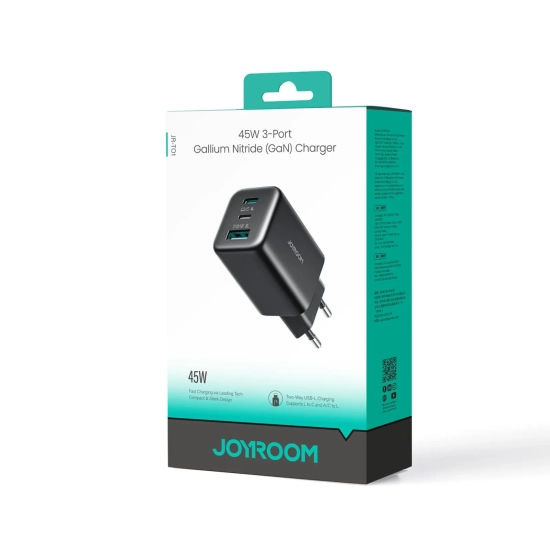 JOYROOM Ładowarka sieciowa USB-C iPhone Lightning USB-A GaN 45W - czarna