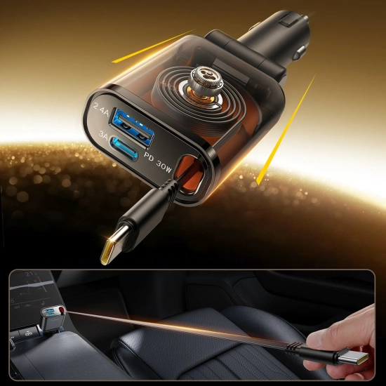 JOYROOM Ładowarka samochodowa 3w1 z kablem zwijanym USB-A USB-C