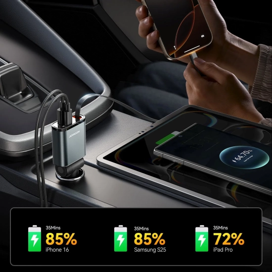 JOYROOM Ładowarka samochodowa 3w1 z kablem zwijanym USB-A USB-C