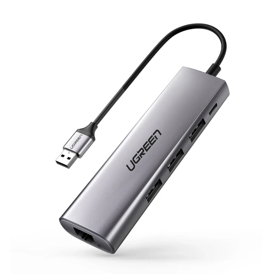 UGREEN 5w1 HUB Adapter USB-A 3.0 - RJ45 / 3x USB-A 3.0 / micro USB - szary