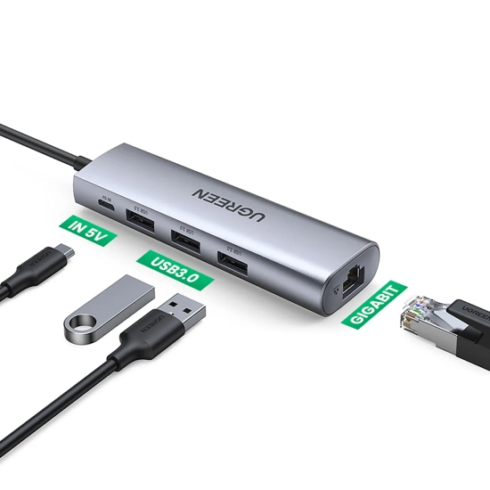 UGREEN 5w1 HUB Adapter USB-A 3.0 - RJ45 / 3x USB-A 3.0 / micro USB - szary