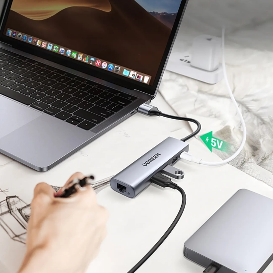 UGREEN 5w1 HUB Adapter USB-A 3.0 - RJ45 / 3x USB-A 3.0 / micro USB - szary