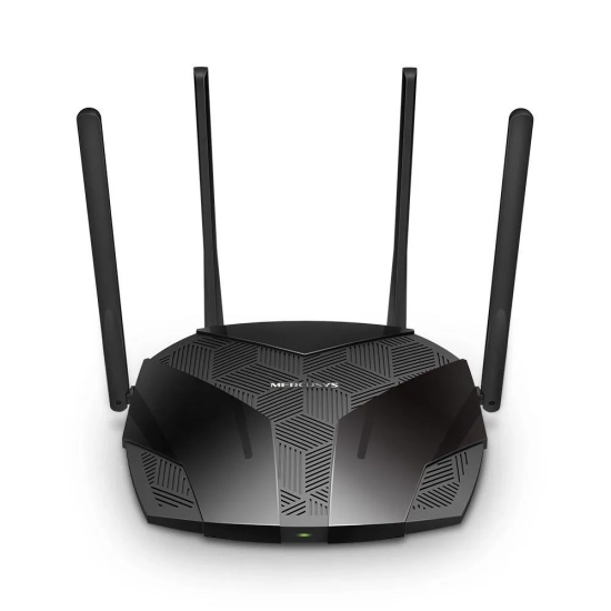 Router Mercusys MR70X AX1800 w czarnej obudowie z czterema zewnętrznymi antenami Wi-Fi.