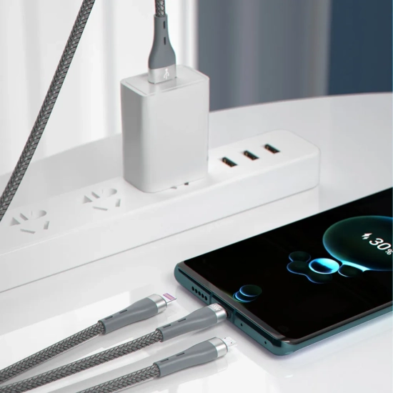 DUDAO 3w1 kabel przewód USB - Lightning microUSB USB-C 65W 1,2m szary