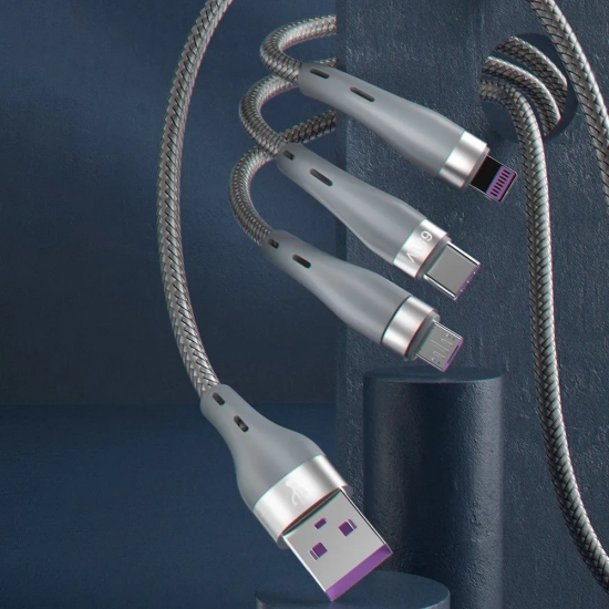 DUDAO 3w1 kabel przewód USB - Lightning microUSB USB-C 65W 1,2m szary