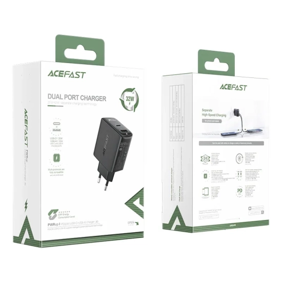 ACEFAST Ładowarka sieciowa USB-C USB 32W PPS PD QC 3.0 AFC FCP czarny