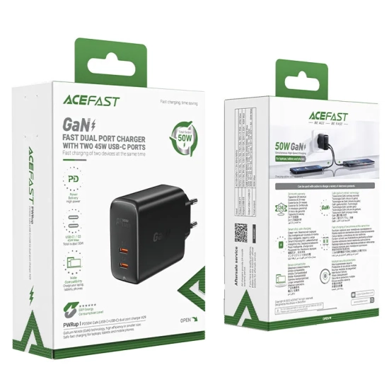 ACEFAST Ładowarka sieciowa A29 GaN dwa porty USB-C PD 50W czarny