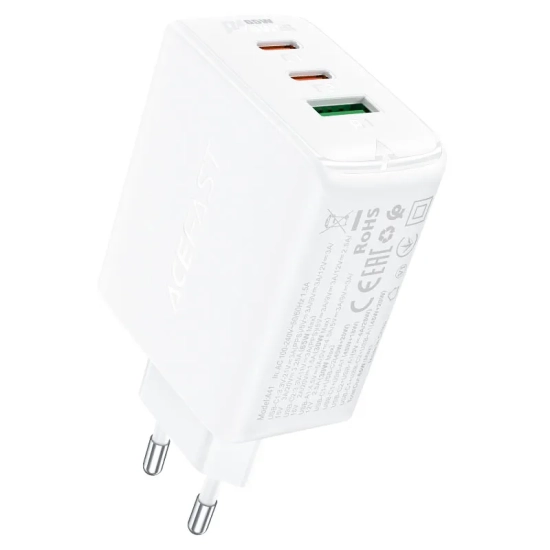 ACEFAST Szybka ładowarka sieciowa GaN 2x USB-C USB-A PPS PD QC4+ 65W biała