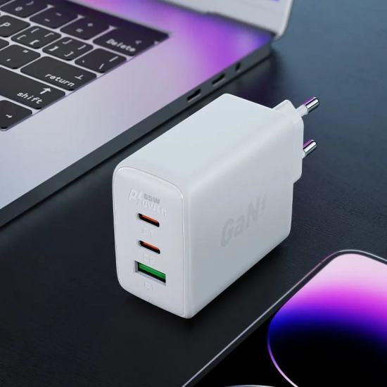 ACEFAST Szybka ładowarka sieciowa GaN 2x USB-C USB-A PPS PD QC4+ 65W biała