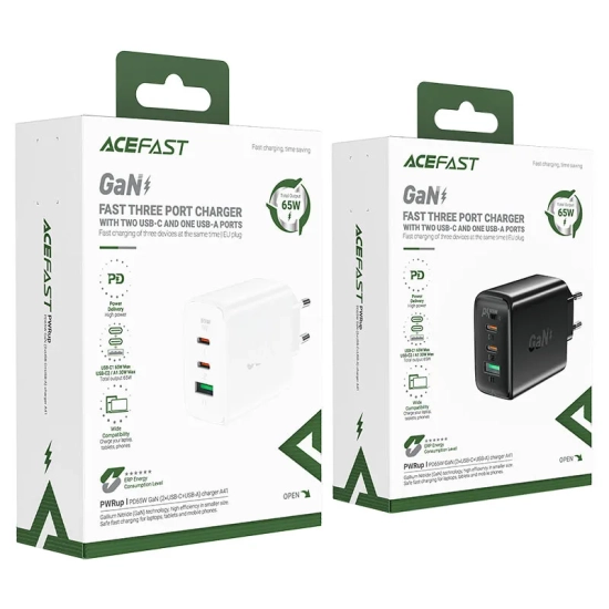 ACEFAST Szybka ładowarka sieciowa GaN 2x USB-C USB-A PPS PD QC4+ 65W biała