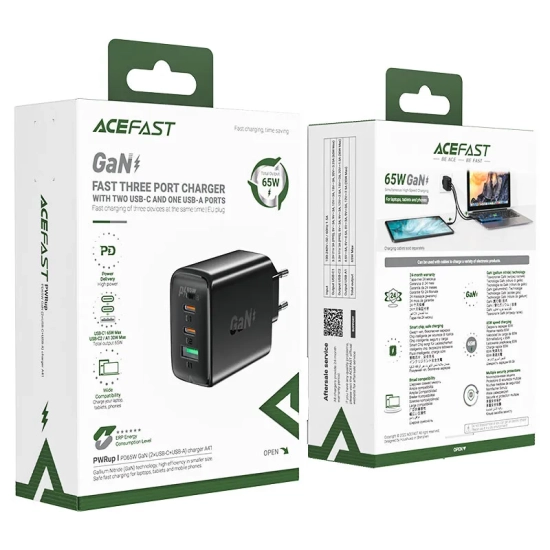 ACEFAST Szybka ładowarka sieciowa GaN 2x USB-C USB-A PPS PD QC4+ 65W biała