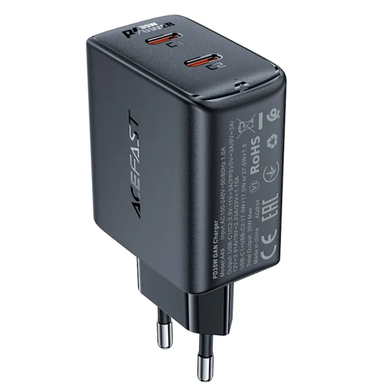 ACEFAST Szybka ładowarka sieciowa GaN 35W PD 2x USB-C czarna