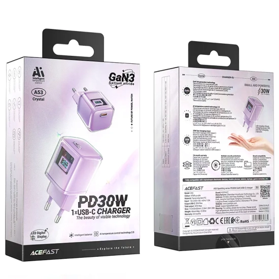 ACEFAST Ładowarka sieciowa z wyświetlaczem PD 30W GaN3 USB-C fioletowa