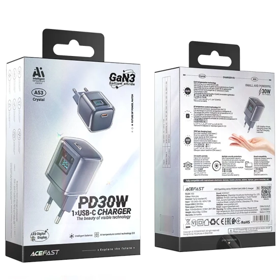 ACEFAST Ładowarka sieciowa z wyświetlaczem PD 30W GaN3 USB-C szara
