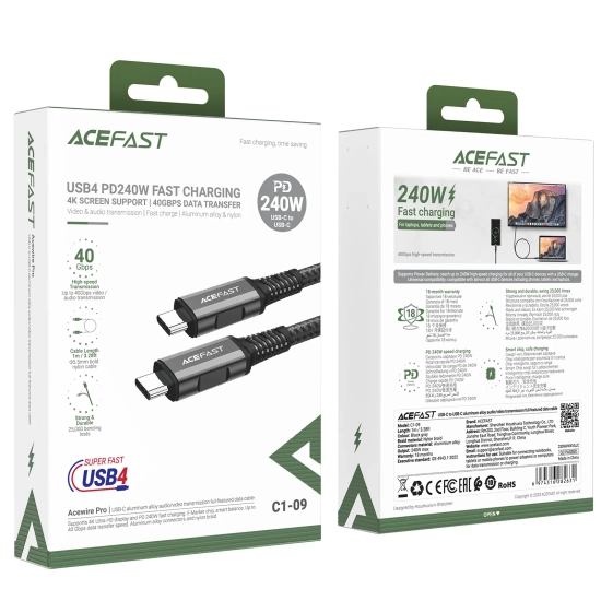 ACEFAST Kabel przewód USB-C USB4 PD3.1 5A do transmisji danych i Video 4K