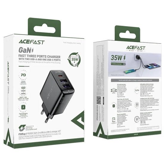 ACEFAST Ładowarka sieciowa PD 35W GaN z 3 portami 2x USB-A + USB-C czarna