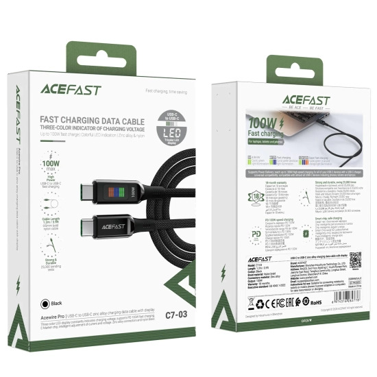 ACEFAST Kabel przewód USB-C - USB-C 100W z wyświetlaczem 1.2m czarny