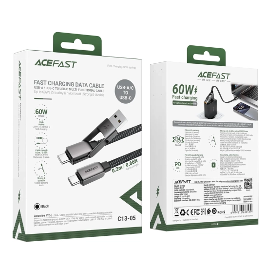 ACEFAST Kabel przewód USB-C - USB-A / USB-C 480Mb/s 3A 0.2m - czarny