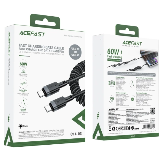ACEFAST Kabel przewód spiralny USB-C - USB-C 480Mb/s 3A 1.2m - czarny