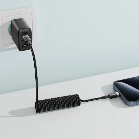 ACEFAST Kabel przewód spiralny USB-C - USB-C 480Mb/s 3A 1.2m - czarny