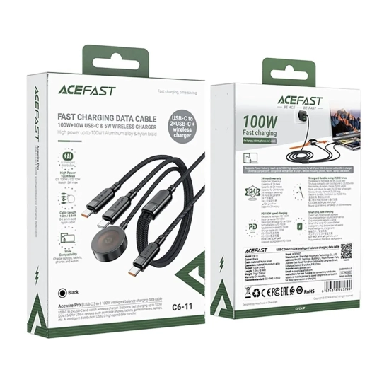 ACEFAST 3w1 Kabel przewód USB-C - 2x USB-C / ładowarka Apple Watch Qi